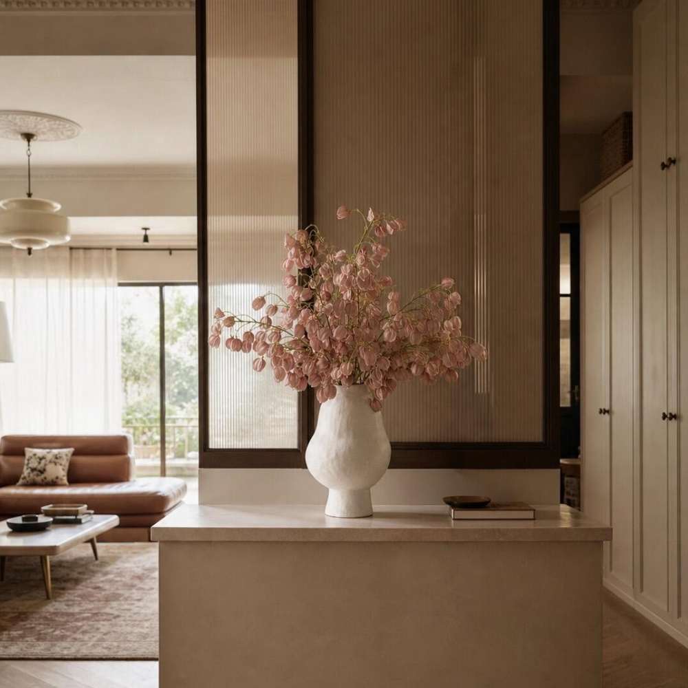 Artificial pink physalis chinese lantern bouquet in white vase on console by glass partition with living room view for modern elegant home decor