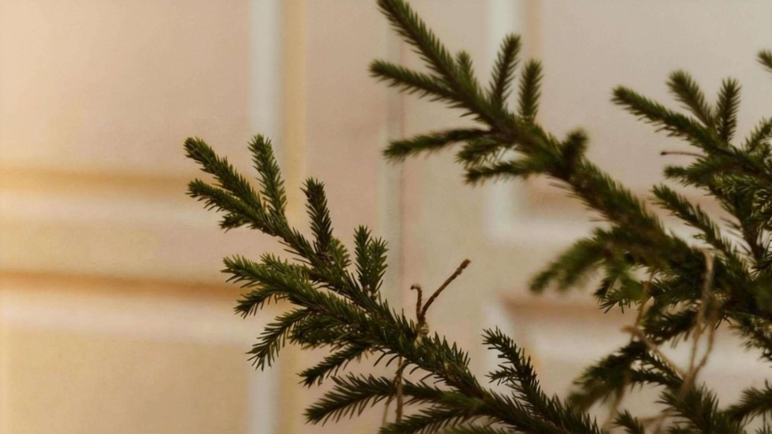 Closeup of artificial pine branches with realistic green needle foliage, faux evergreen stems for year-round decor