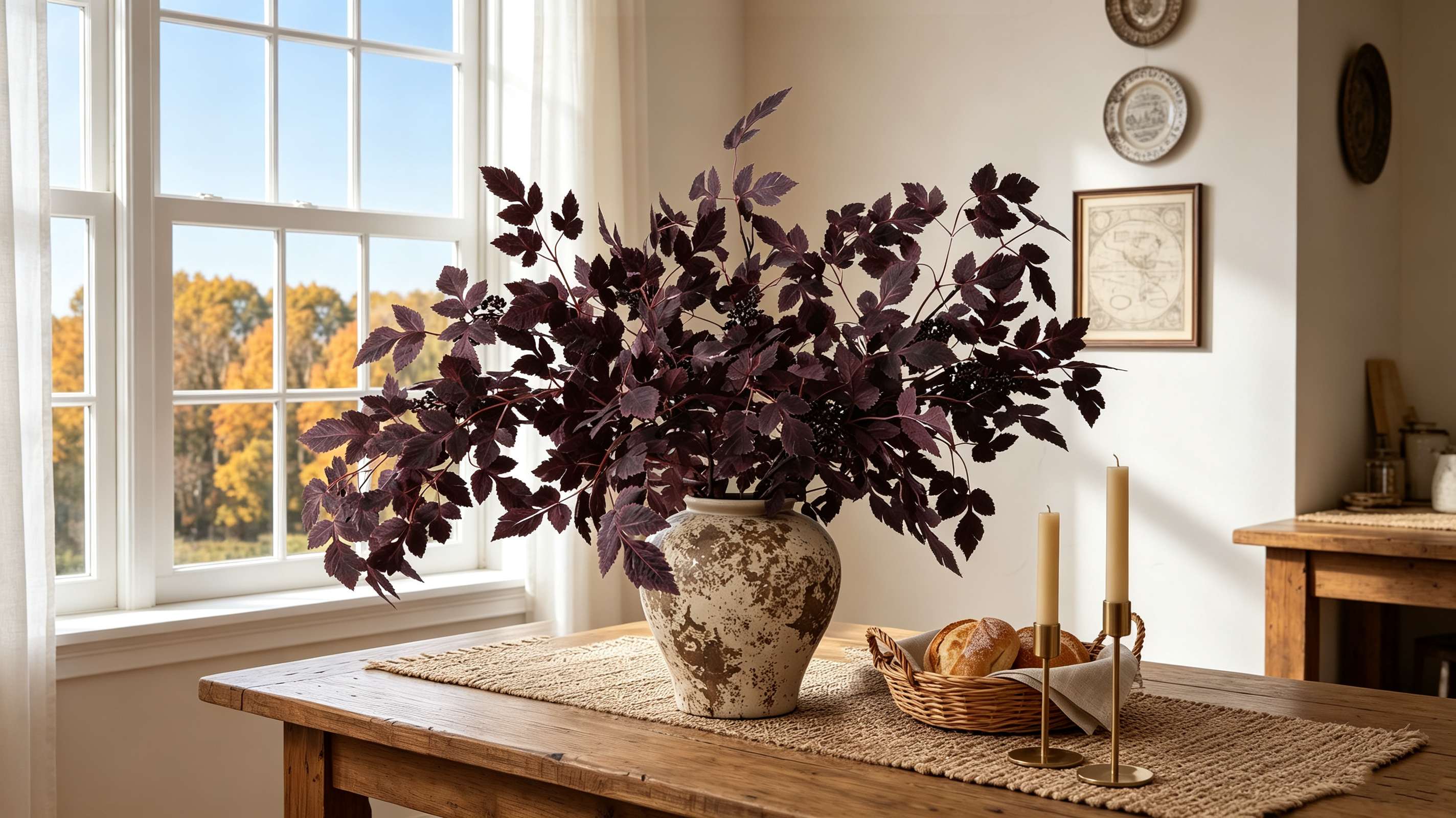 Artificial dark purple foliage stems in distressed ceramic vase styled as rustic fall table centerpiece with candles
