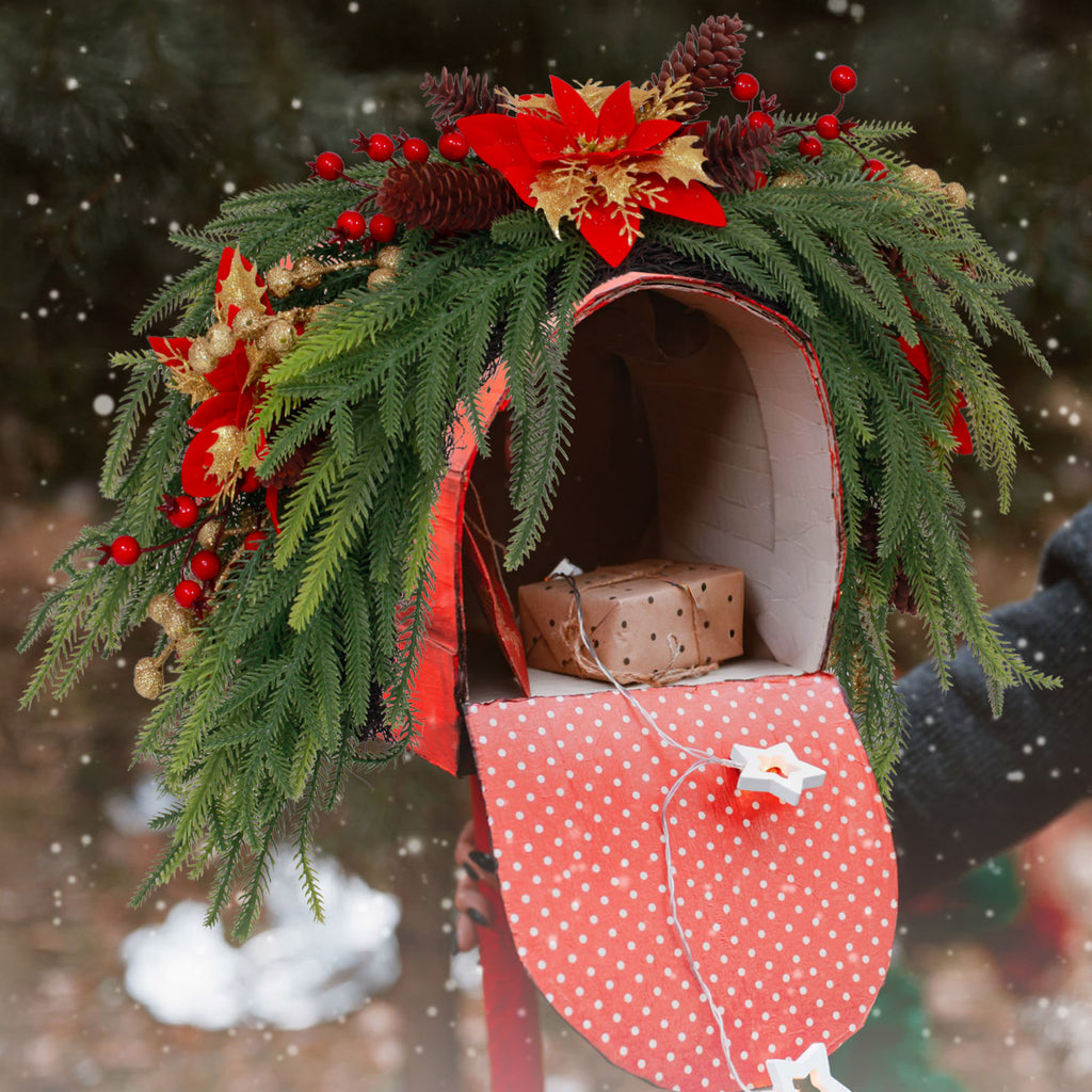 Flexible drooping pine holiday wreath decorated for red gift mailbox front yard winter seasonal decor