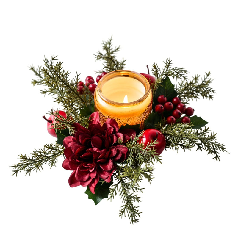Christmas candle ring with burgundy dahlia, red apples, red berries and cedar greenery, lit candle, isolated white background product shot