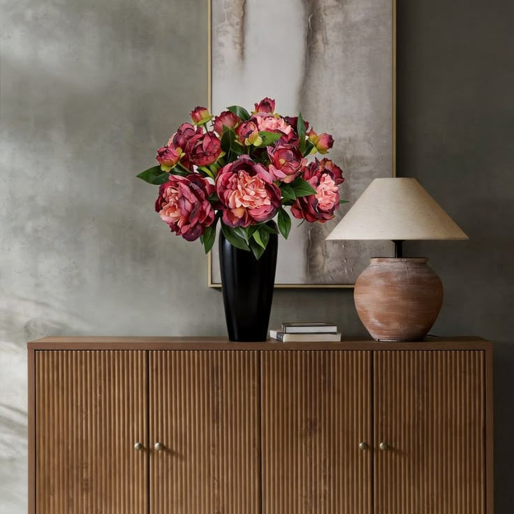 Lush burgundy peony silk flowers full bouquet with green leaves for modern wooden sideboard entryway styling
