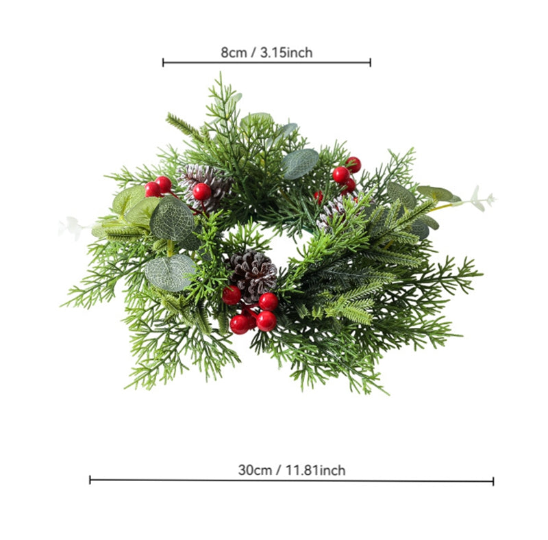 Artificial Christmas candle ring with eucalyptus, pine cones and bright red berries, dimension diagram on white background