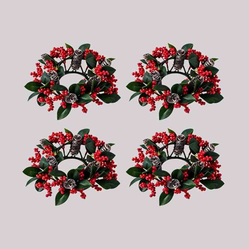 4 pack small christmas candle ring wreath with red berries pine cones green leaves for table centerpiece decor