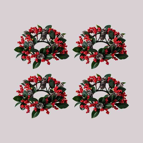4 pack small christmas candle ring wreath with red berries pine cones green leaves for table centerpiece decor