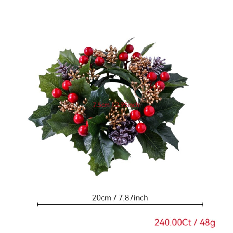 20cm artificial Christmas holly candle ring with red berries and pinecones, dimension marked product shot for candle holder