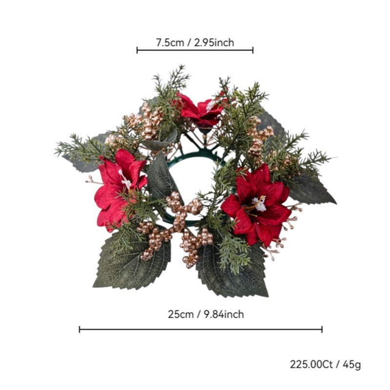 Christmas poinsettia candle ring wreath with red poinsettia flowers, gold berries and cedar sprigs, dimension marked product photo