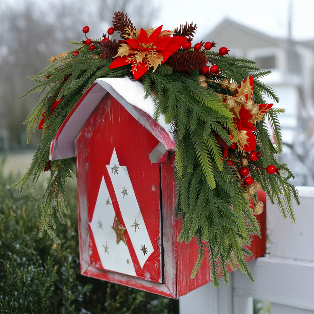 Traditional bendable pine christmas wreath accented with poinsettia pinecones for outdoor mailbox decor