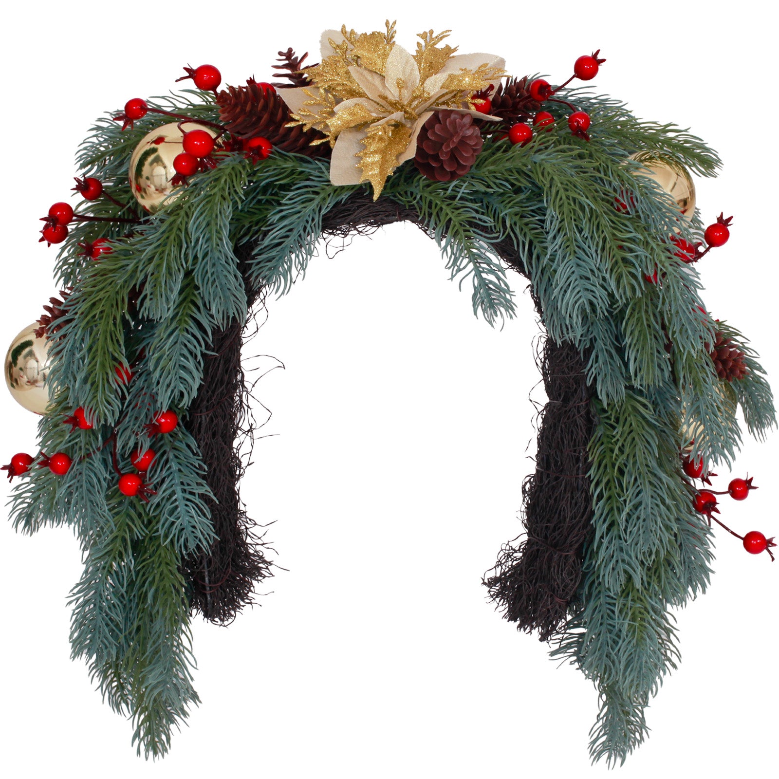 Dense drooping norfolk pine green wreath flexible arch shape with gold poinsettia and red berry accents