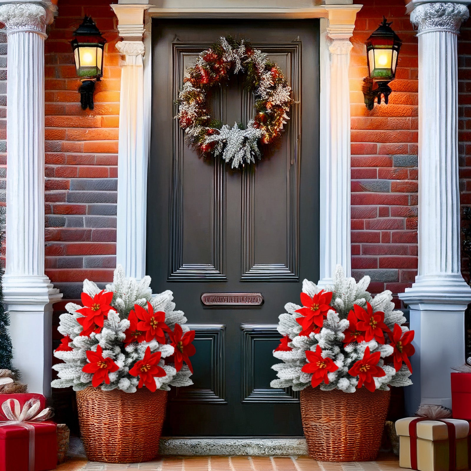 Matching set of snow flocked artificial christmas trees with poinsettia for symmetrical front porch styling