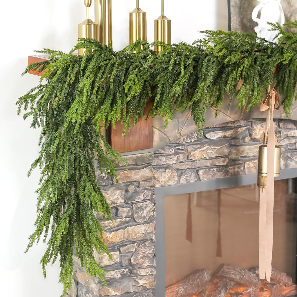 Draped realistic Norfolk Pine Garland for stone fireplace mantel rustic farmhouse Christmas interior decor