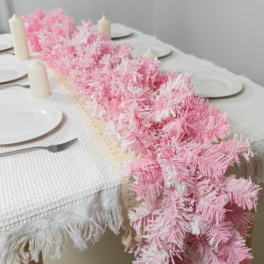 Drooping fluffy flocked pink pine faux xmas garland for fringe lace dining table girly holiday centerpiece