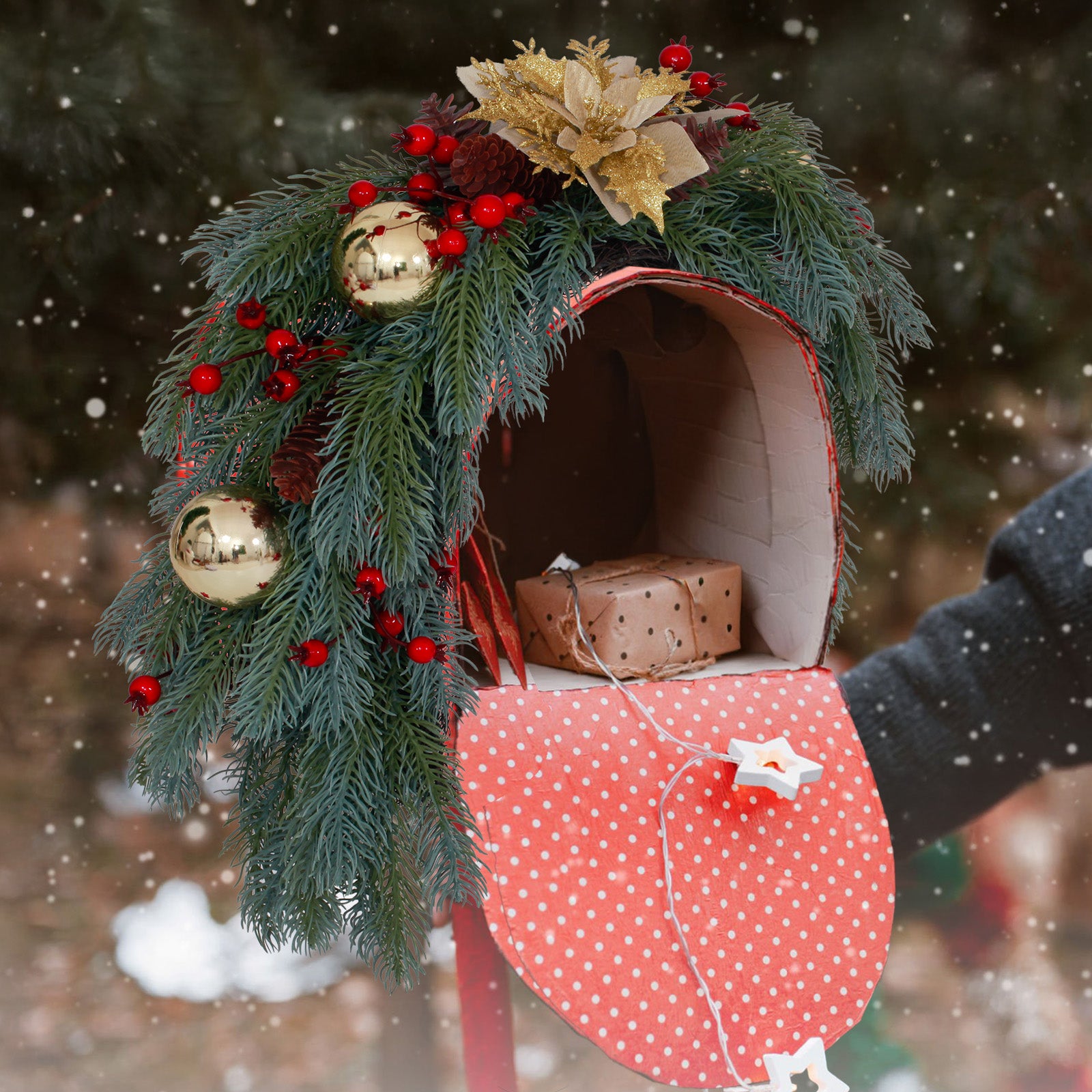 Drooping layered pine holiday wreath decorated for curbside mailbox winter farmhouse seasonal styling