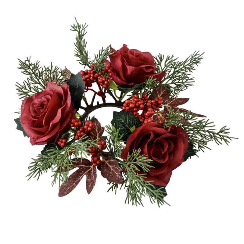 Top view empty Christmas candle ring, burgundy silk roses, red berries, cypress and dried leaves on plain white background