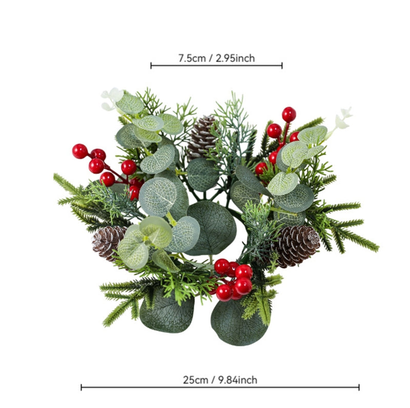 Artificial Christmas candle ring featuring eucalyptus, pinecones and red berries, dimension measurement on white background