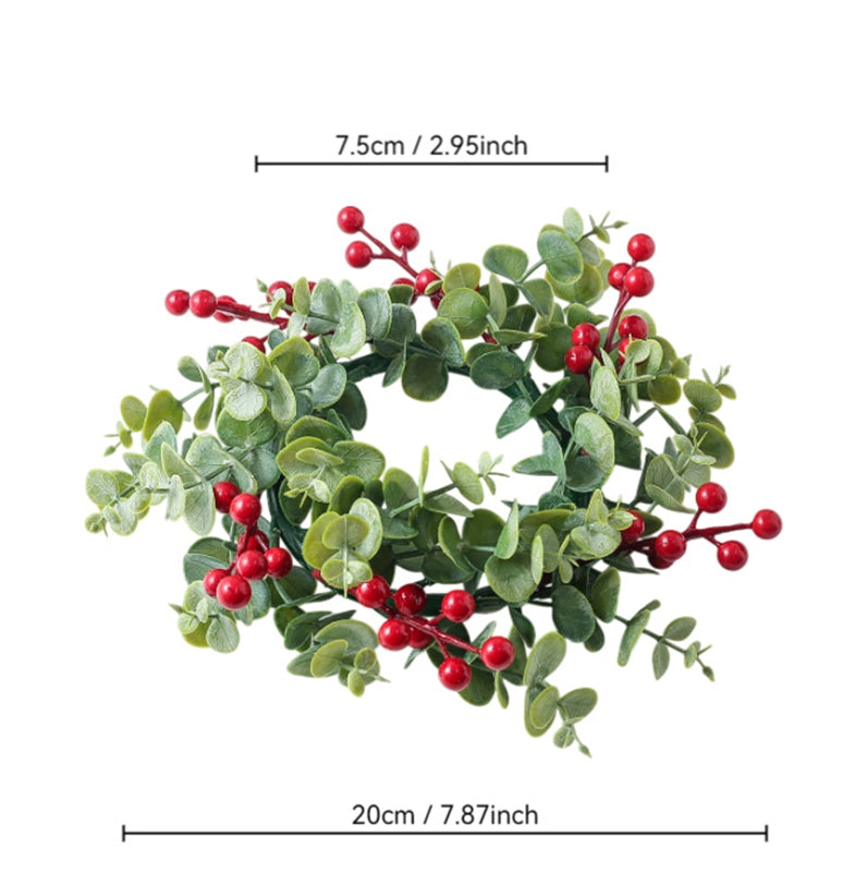 Artificial eucalyptus candle ring with bright red berries, dimension size chart isolated on white background