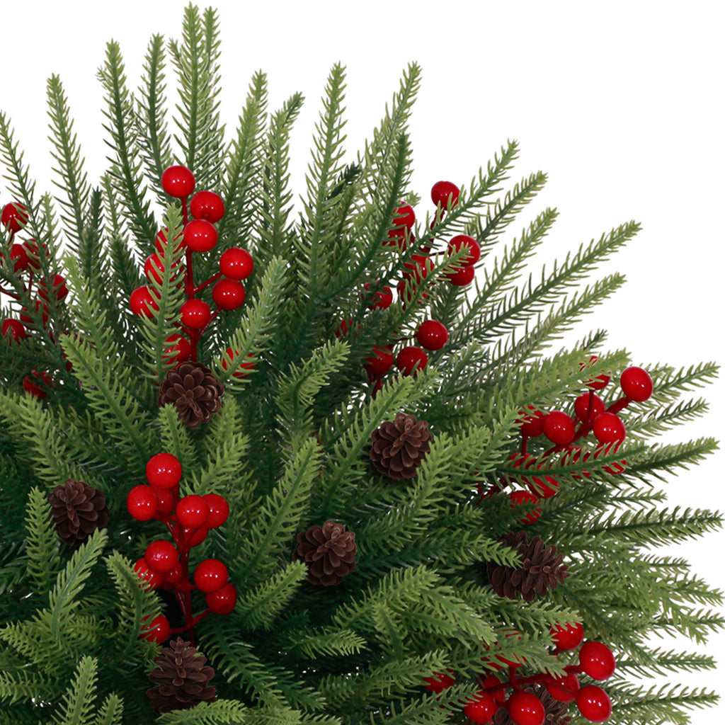 Textured layered pine artificial trees with abundant red berry clusters  natural pinecone accents