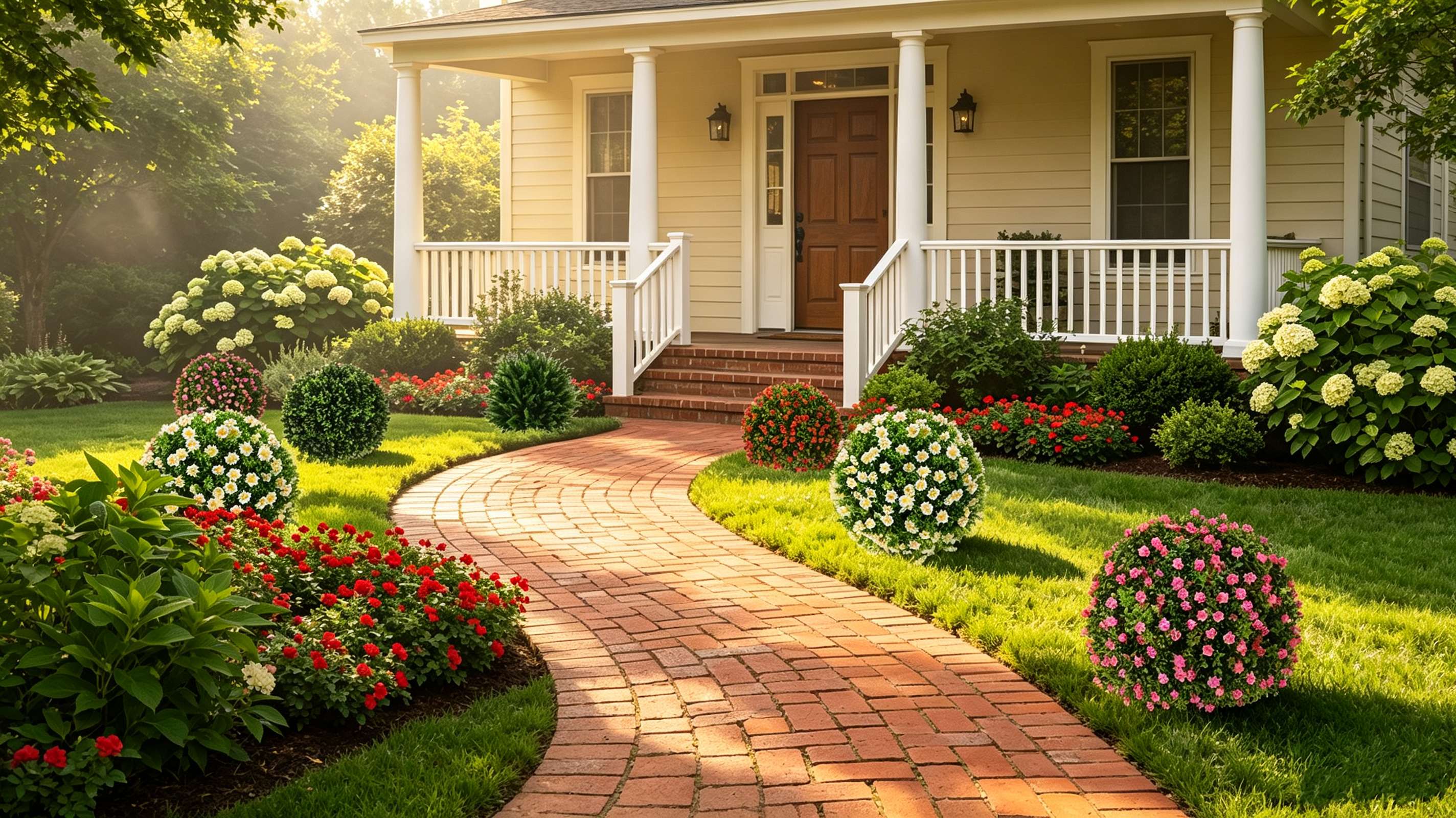 Charming front yard flower garden with brick walkway, white hydrangeas and colorful annuals boosting home curb appeal