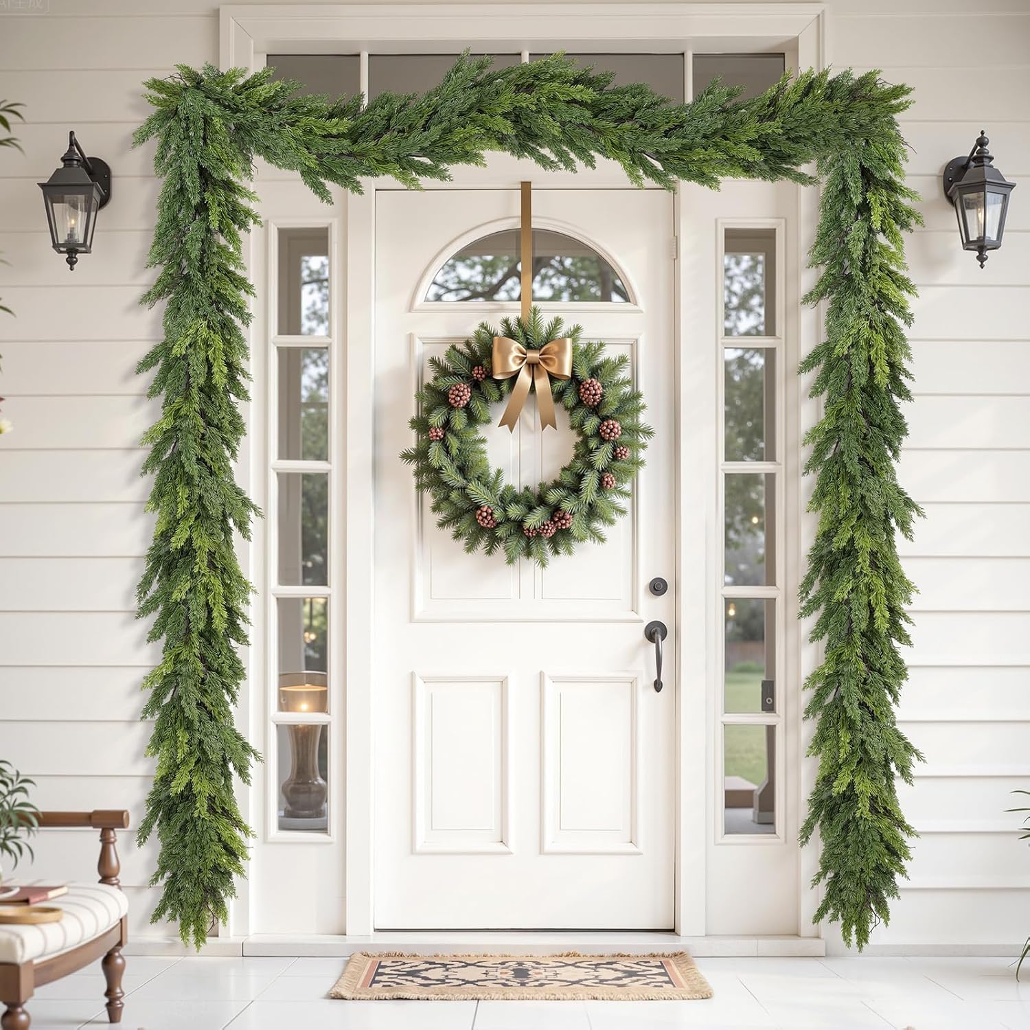 Full arch drooping cedar faux xmas garland paired with matching cedar wreath for white front door curb appeal decor