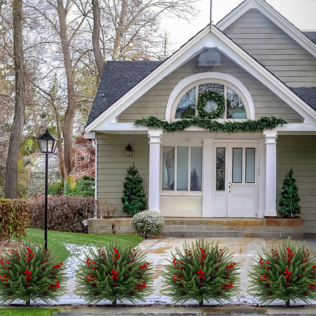 Set of full bushy christmas trees with berries & pinecones for winter snow curb landscaping
