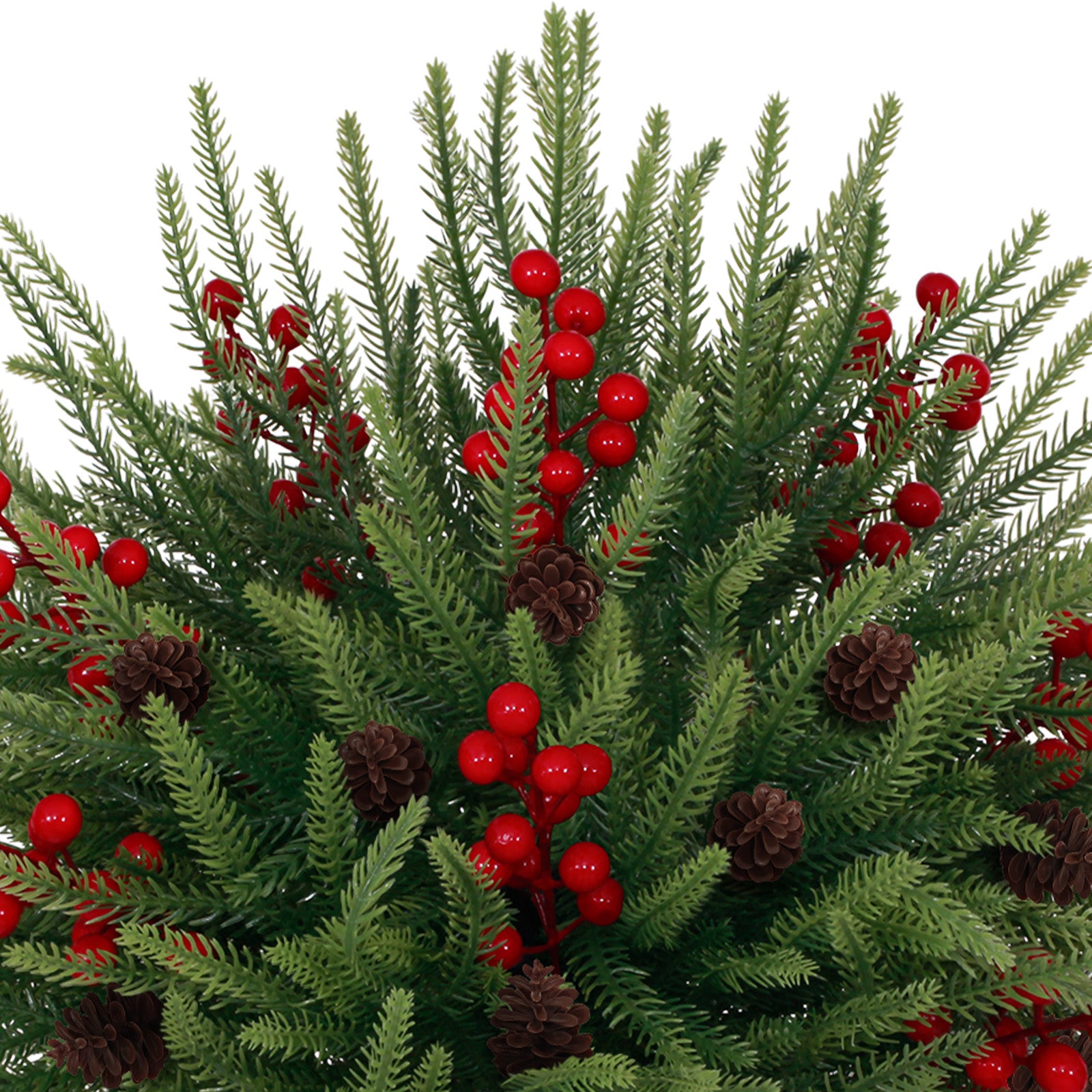 Textured layered pine artificial trees with abundant red berry clusters and natural pinecone accents