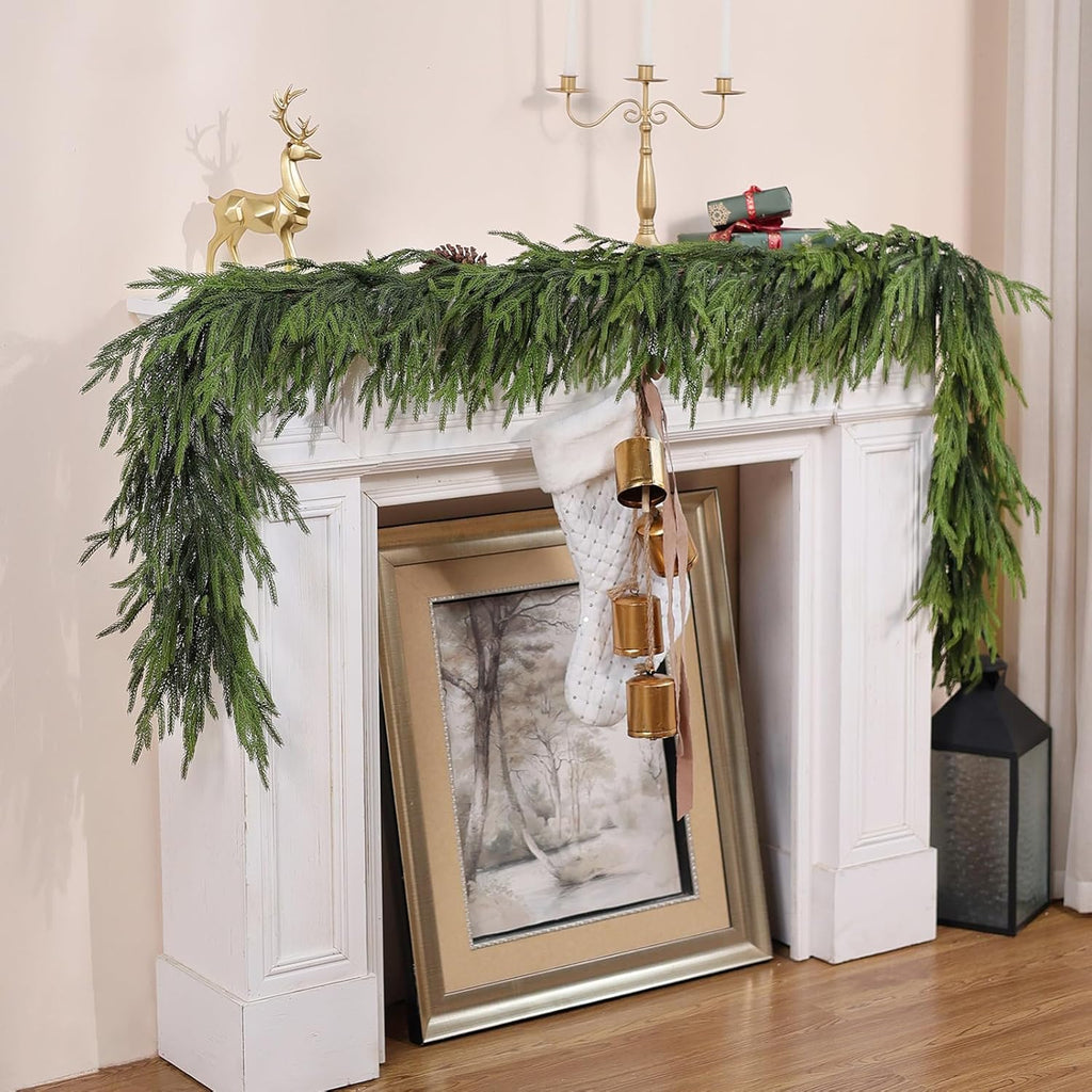Pre lit Norfolk Pine Garland with pinecone red bauble for holiday dining table runner centerpiece decor