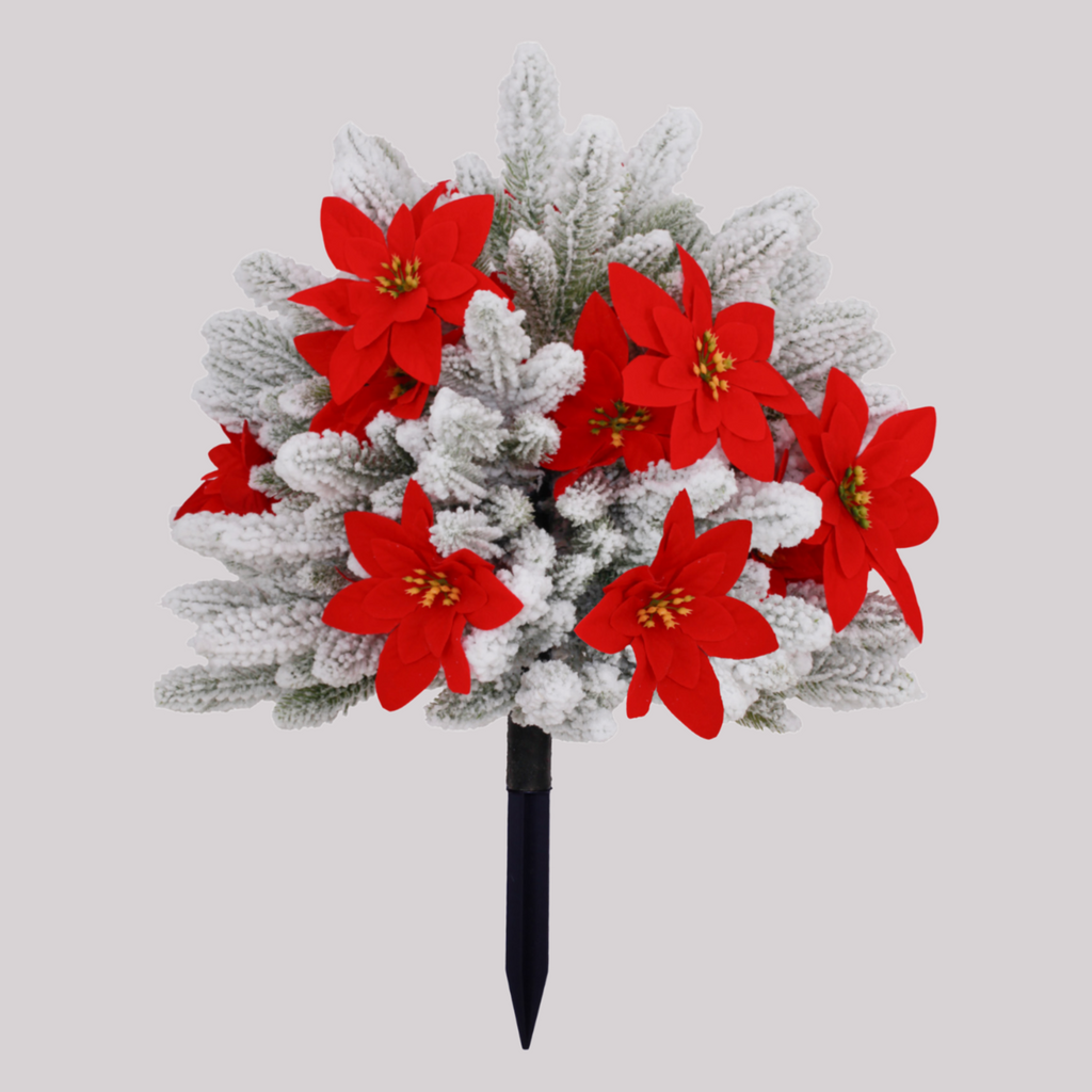 22 inch snow flocked artificial christmas tree decorated with red poinsettia, fitted with ground spike for yard decor