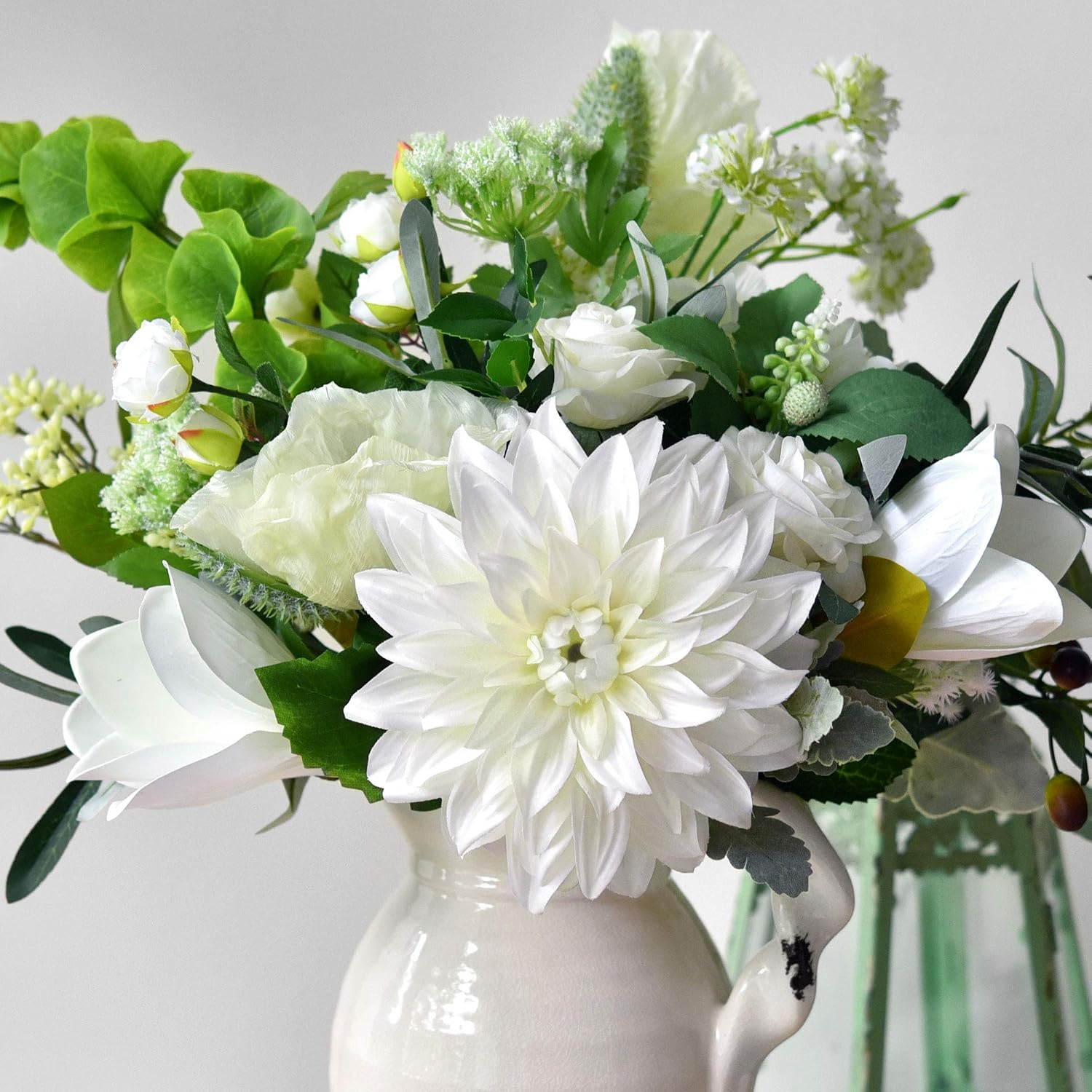 Romantic mixed white botanical faux flowers bouquet centered with oversized dahlia for vintage farmhouse table decor