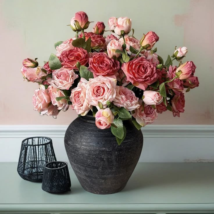 Lush blush dusty rose faux flowers mixed blooms and buds for warm neutral hallway console display