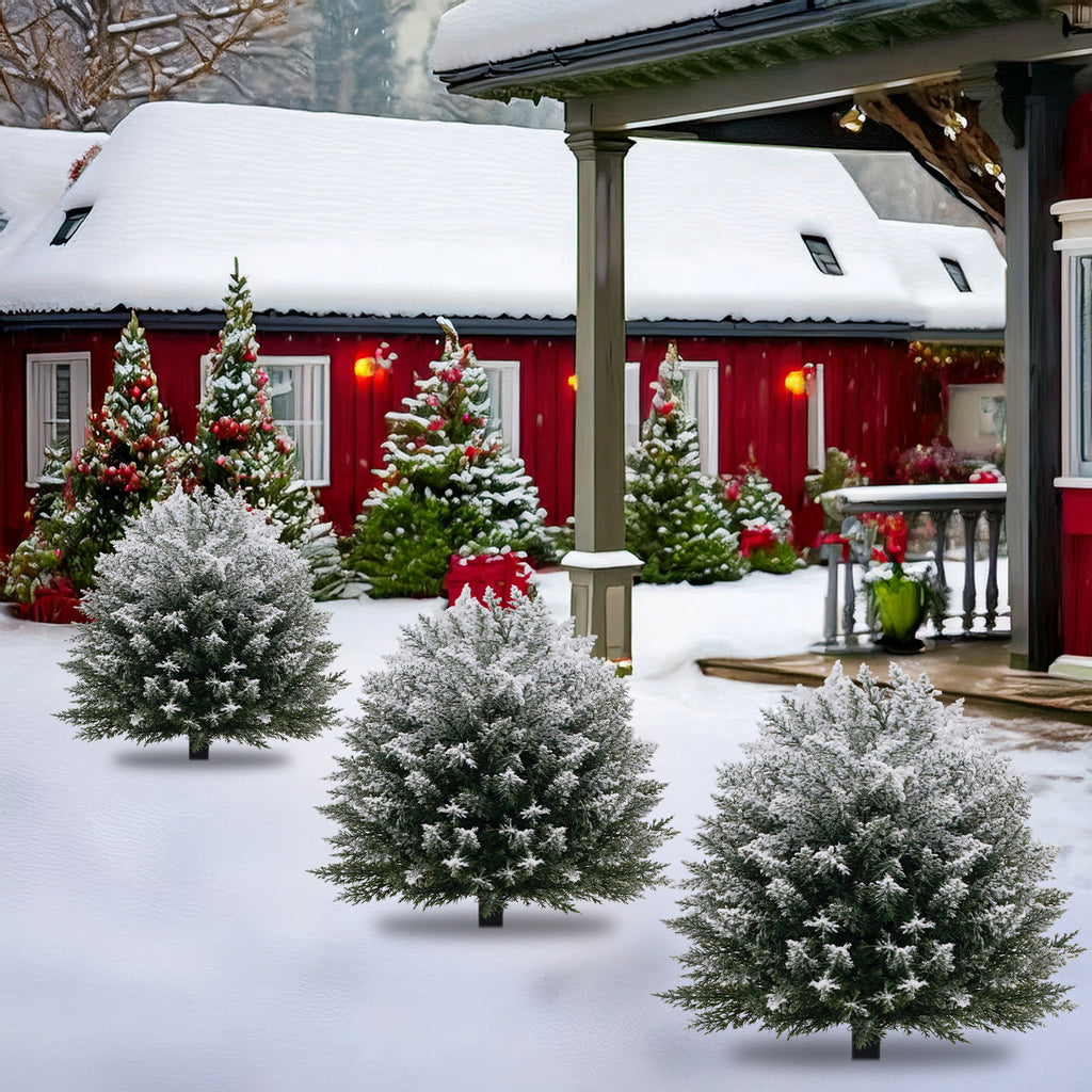 Group of flocked evergreen artificial trees for full winter yard and cottage landscape layout