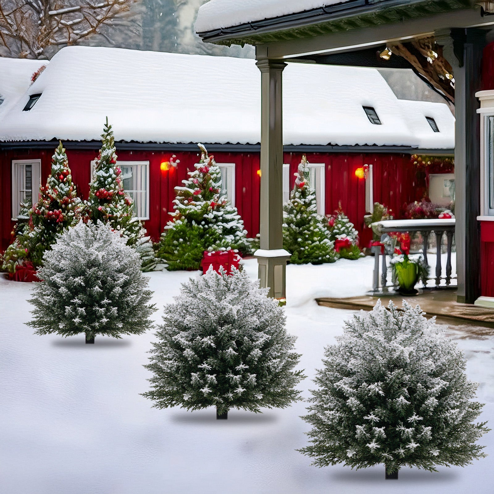 Group of flocked evergreen artificial trees for full winter yard and cottage landscape layout