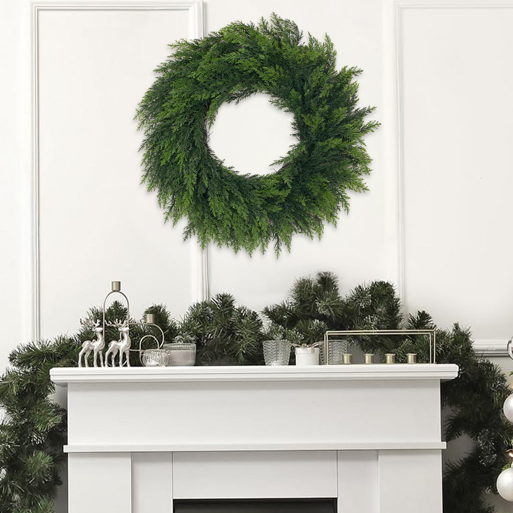 Minimal norfolk pine holiday wreath plain green evergreen design for mantel, window and seasonal home decor