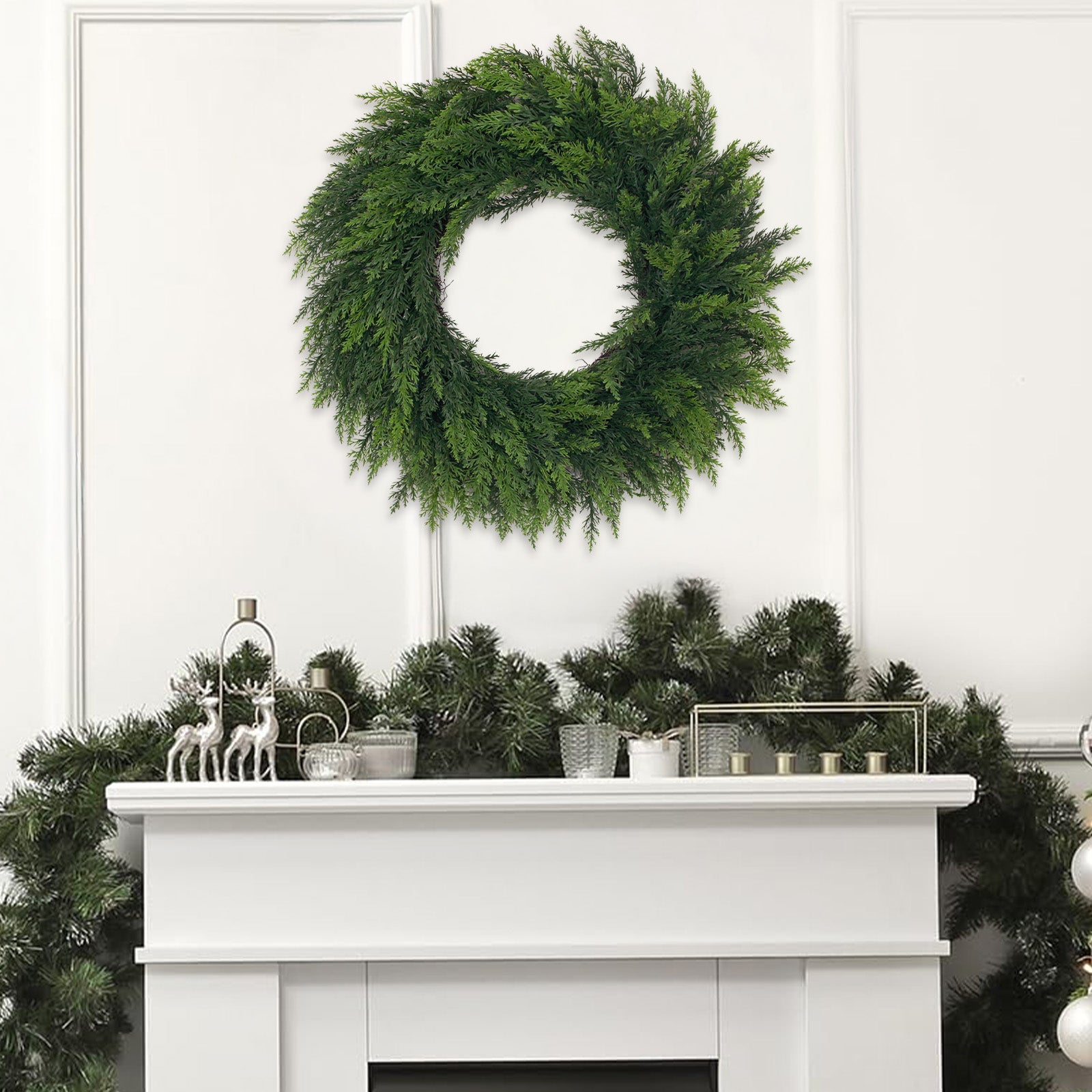 Minimal norfolk pine holiday wreath plain green evergreen design for mantel, window and seasonal home decor