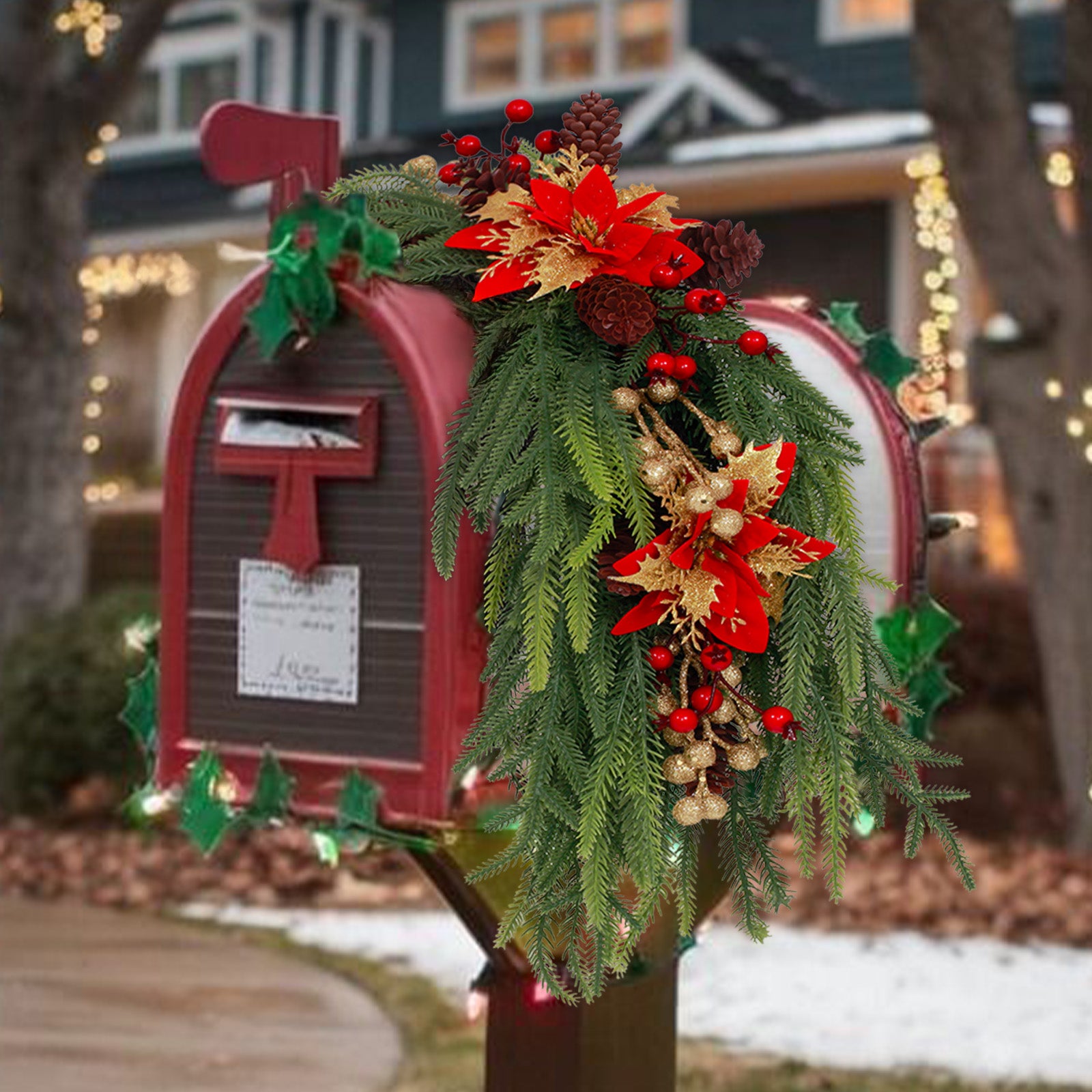 Weatherproof bendable pine wreath for front door & mailbox with red poinsettia berries farmhouse curb decor