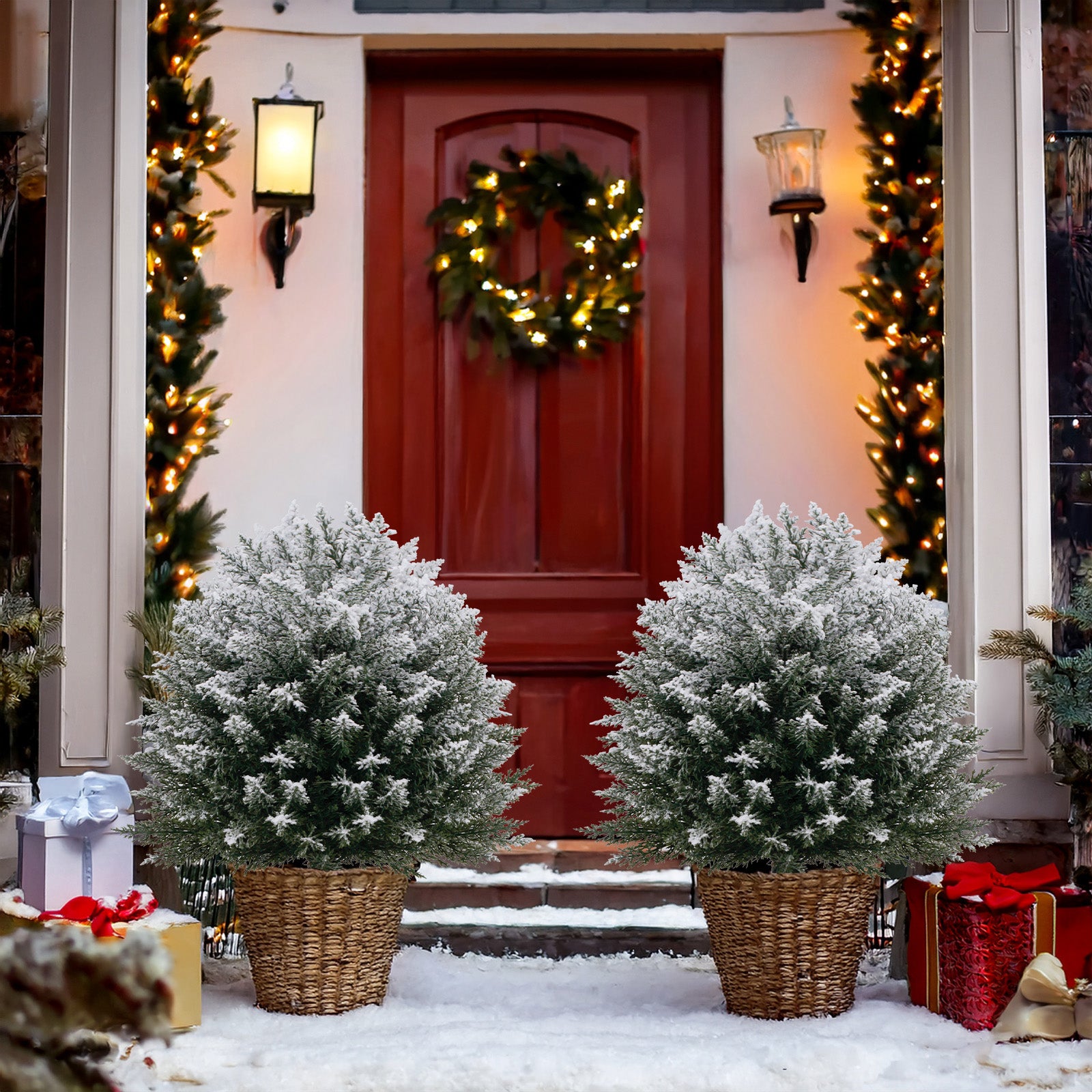 Set of snow flocked artificial christmas trees for matching front entry porch festive outdoor styling