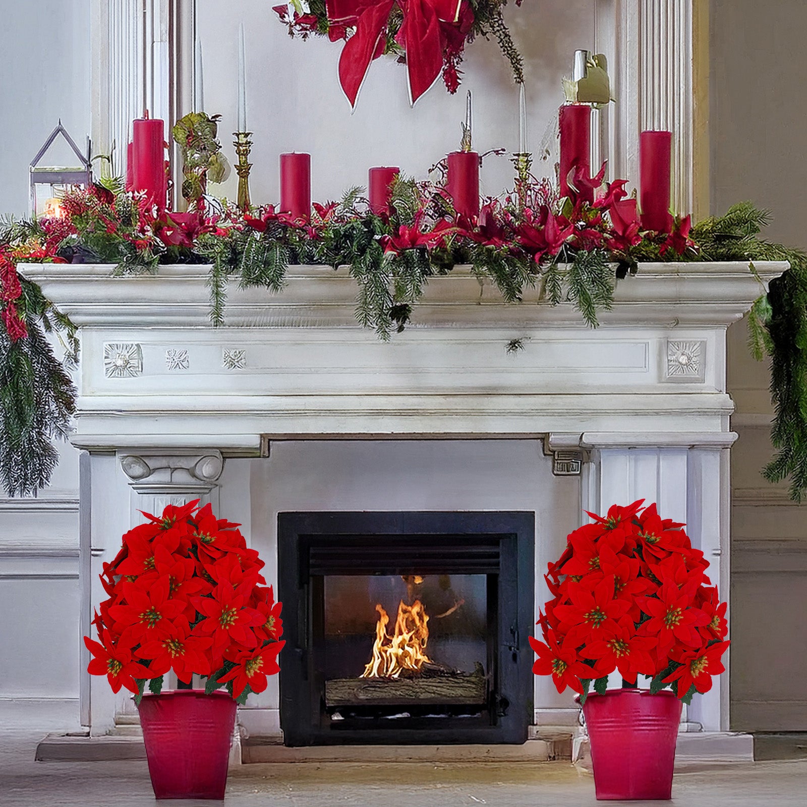 Matching set of dense poinsettia christmas trees for symmetrical indoor fireplace festive styling