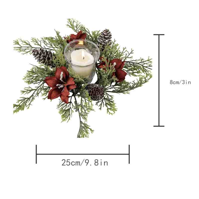 Christmas poinsettia candle ring with glass candle, dimension diagram showing 25cm width and 8cm height on white background