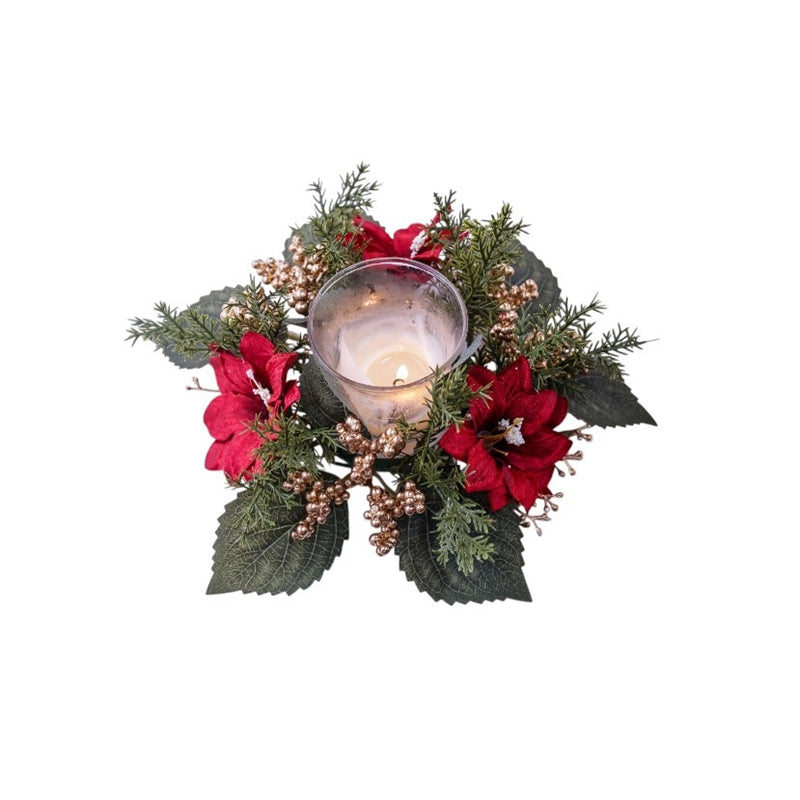 Christmas poinsettia candle ring with red flowers, gold berries and cedar greenery, holding glass candle, isolated white background product shot