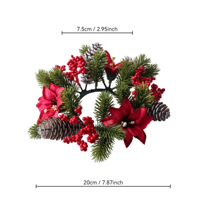 20cm christmas candle ring wreath with red poinsettia, berries and pine cones, dimension measurement product image for holiday table decor