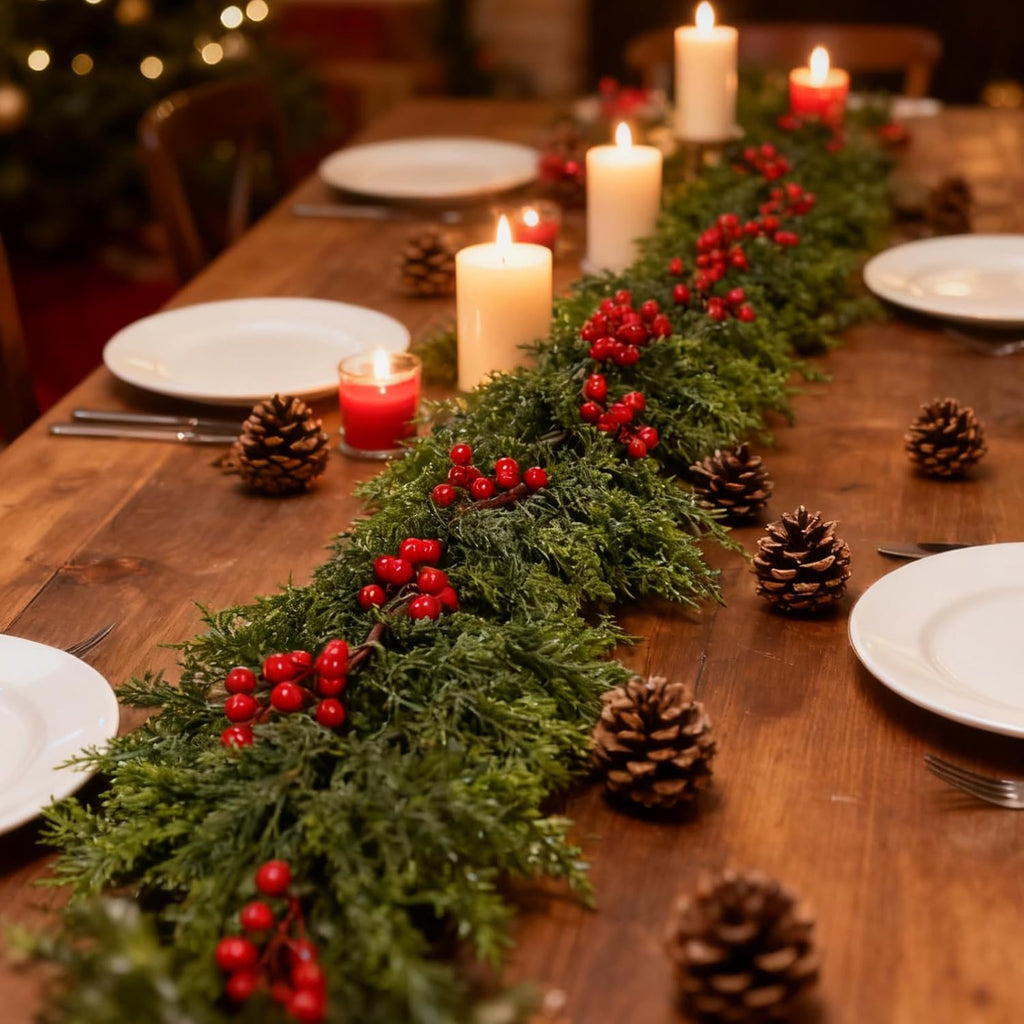 Red berry Norfolk Pine Garland with pinecone pillar candle for rustic wooden dining table Christmas centerpiece decor