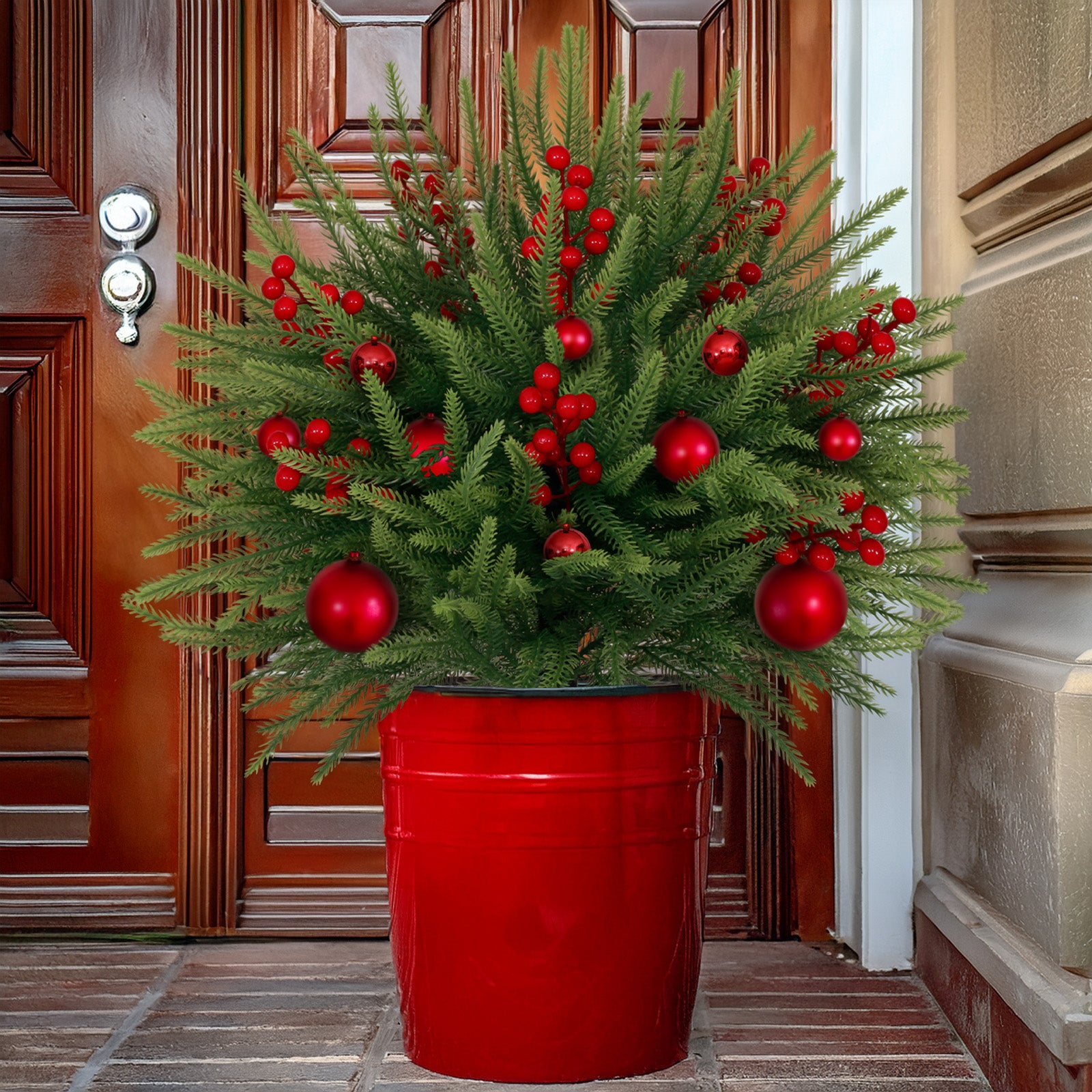 Versatile red ornament pine artificial tree indoor planter decor and outdoor yard spike landscaping