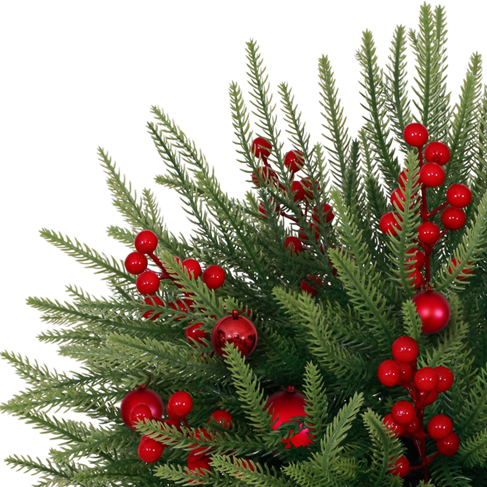 Textured decorated evergreen artificial trees with reflective red balls and berry sprigs winter landscape decor