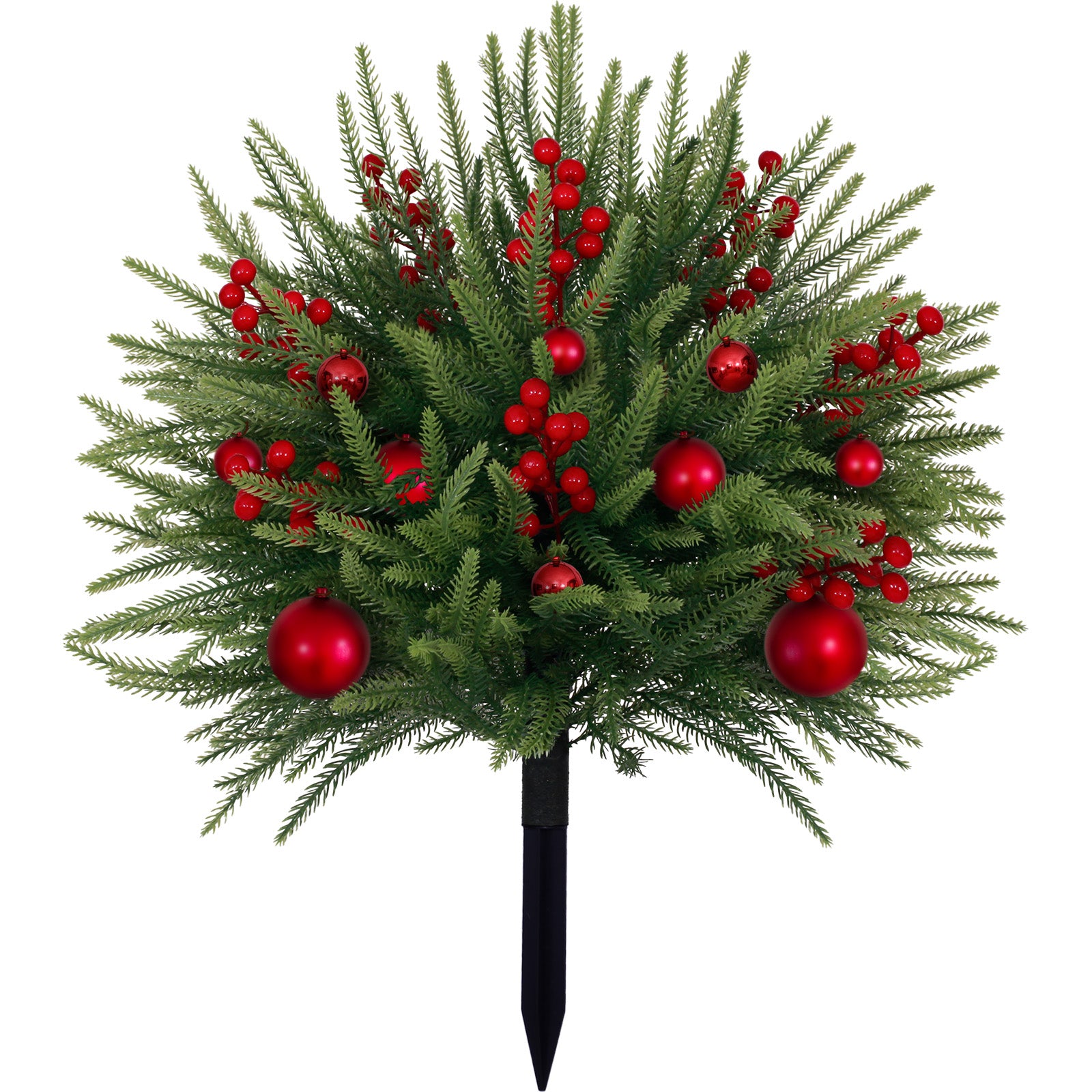 Round full pine christmas tree artificial decorated with red baubles, spike design for porch and garden decor