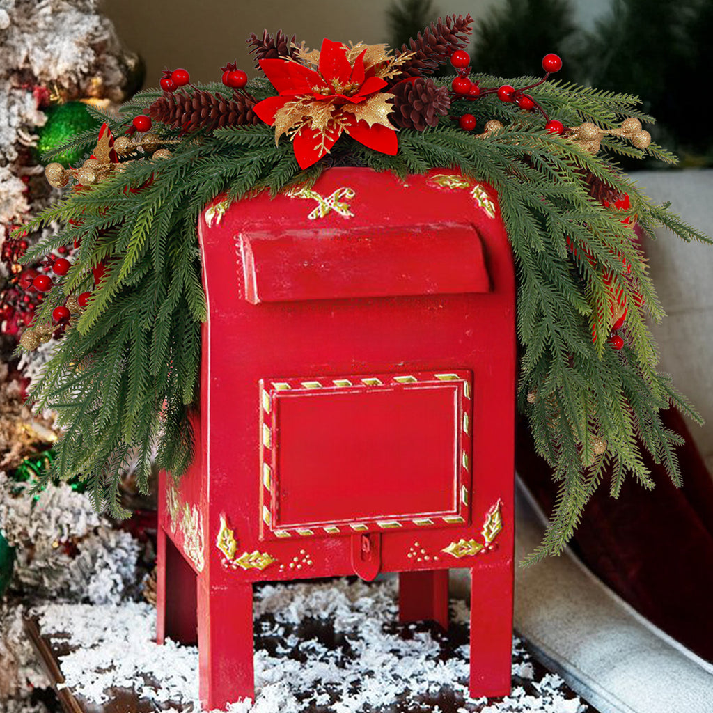 Flexible layered pine front door wreath with poinsettia suitable for mailbox, entry door & mantel styling