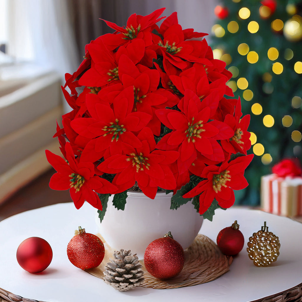 Full round bushy artificial christmas trees with vivid red poinsettia for indoor tabletop pot decor