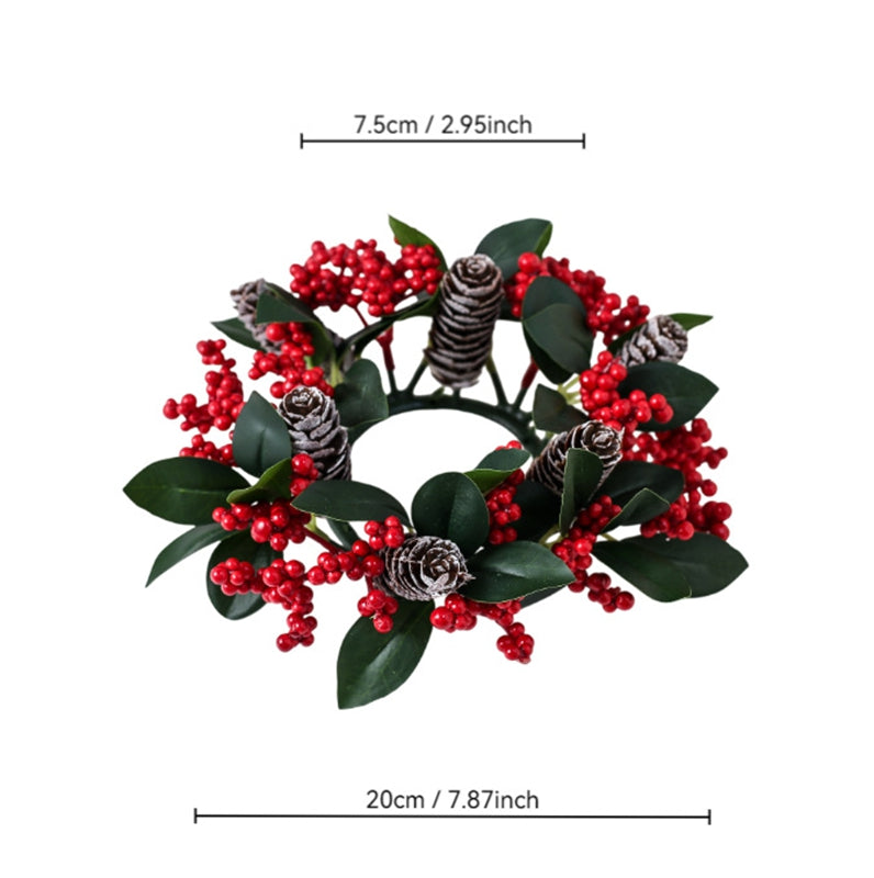 20cm christmas candle ring wreath with red berries pine cones green leaves, dimension product shot for table decor