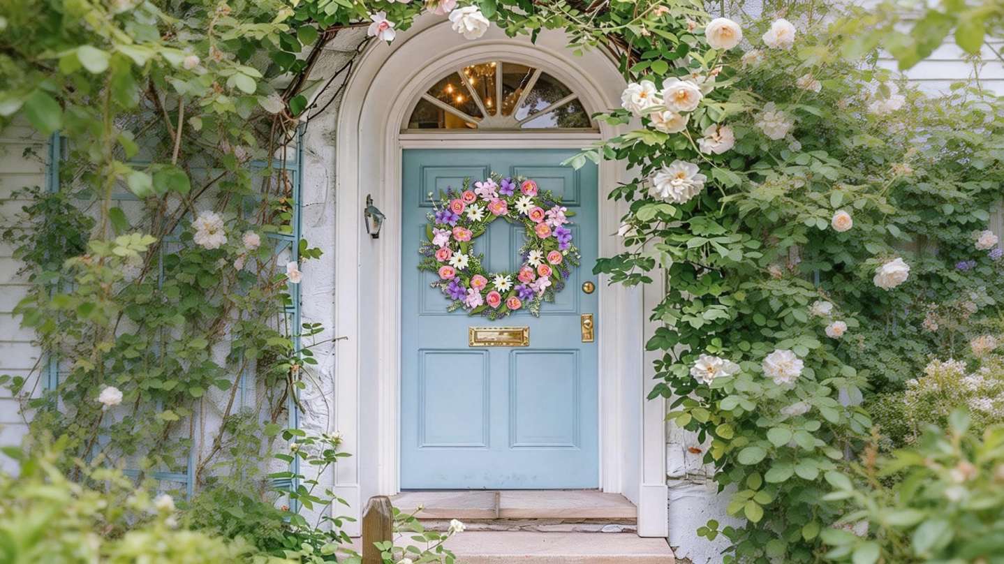 Pastel spring flower wreath on light blue front door surrounded by climbing white roses for charming home curb appeal