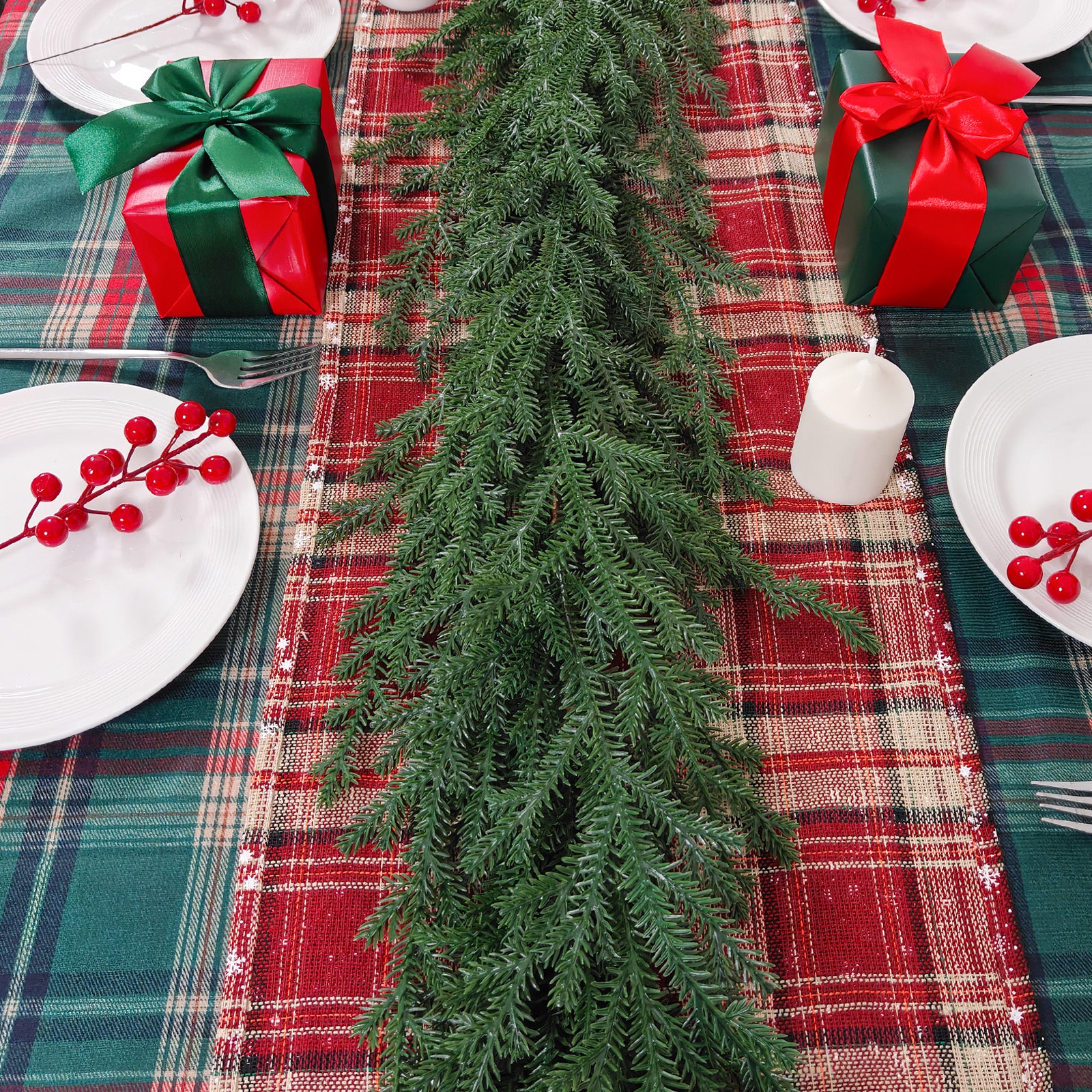 Extra long drooping norfolk pine faux xmas garland full layout on traditional plaid christmas dining table