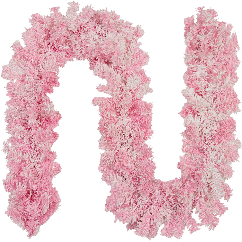 U-shaped fluffy flocked pink pine artificial christmas garland isolated on white background bendable holiday greenery