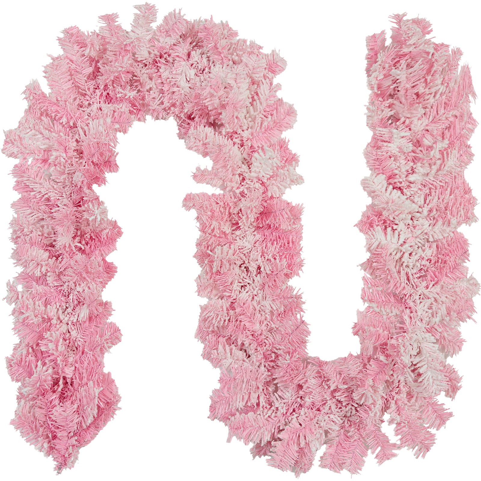 U-shaped fluffy flocked pink pine artificial christmas garland isolated on white background bendable holiday greenery